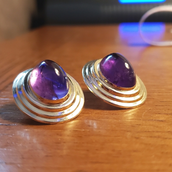 14K Yellow Gold Amethyst Cabochon Earrings - Picture 3 of 8